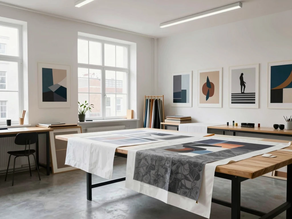 Voglynarkhak design studio workspace with artistic prints and premium fabrics