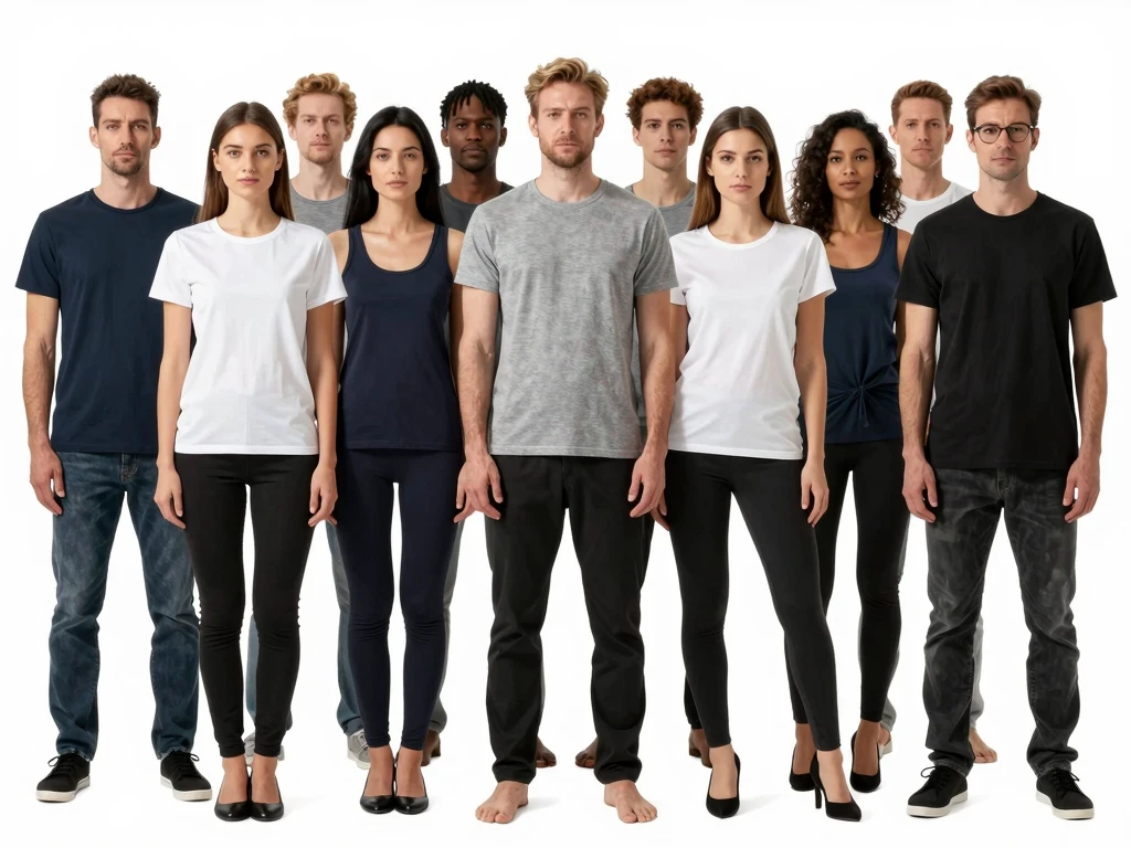 Voglynarkhak unisex t-shirt fit guide showing different body types